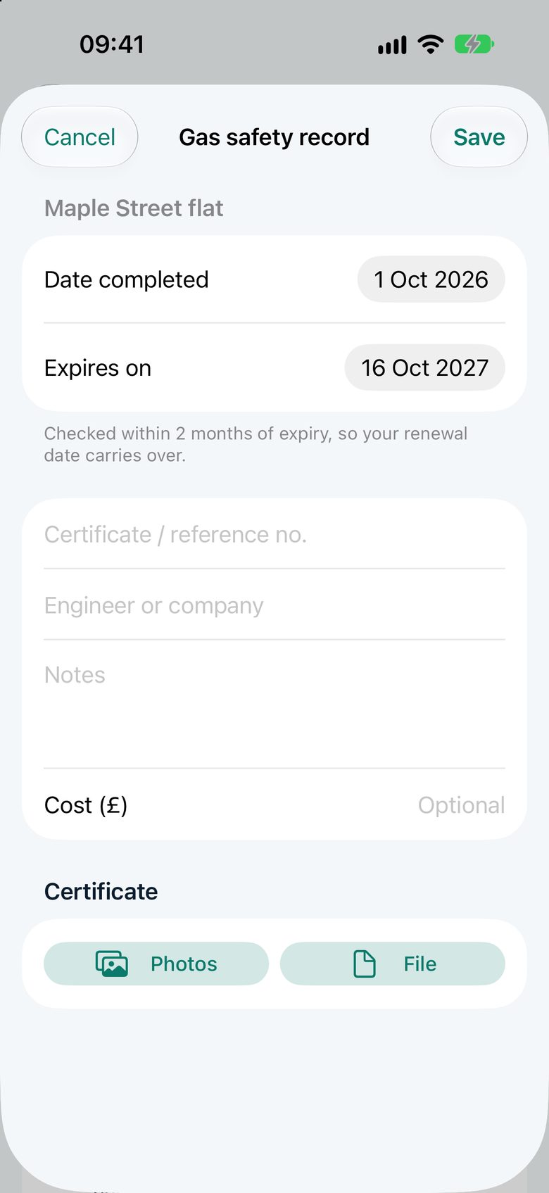 Logging a gas safety certificate